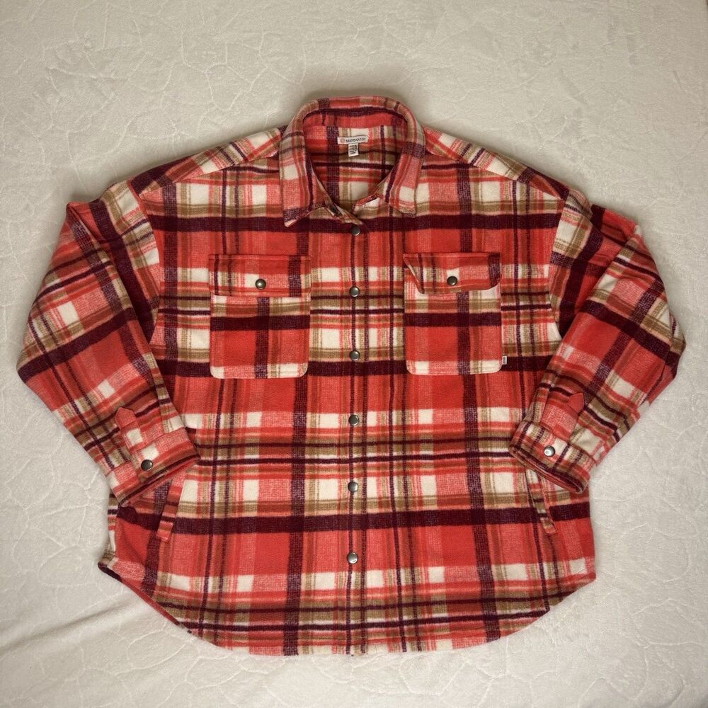 SISSTREVOLUTION Fleece Flannel Shacket Coral Oversized Snap Front Top Women's M